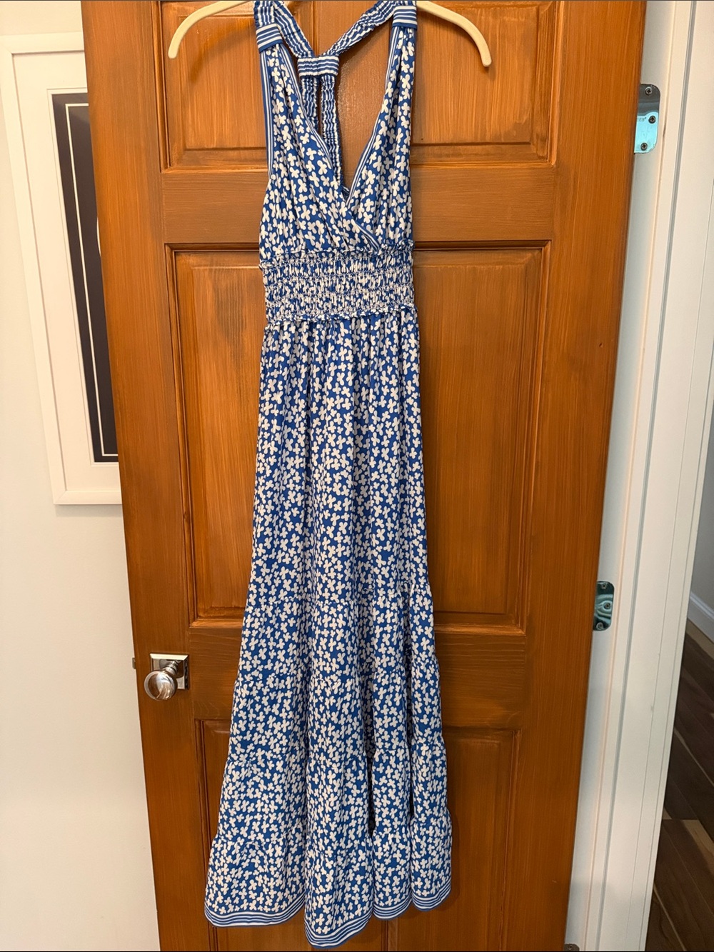 Max Studio Blue and White Floral Halter Maxi Dress